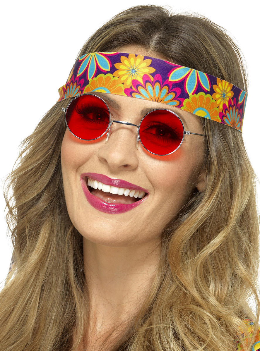 1970s Red Lens Womens Hippie Costume Glasses