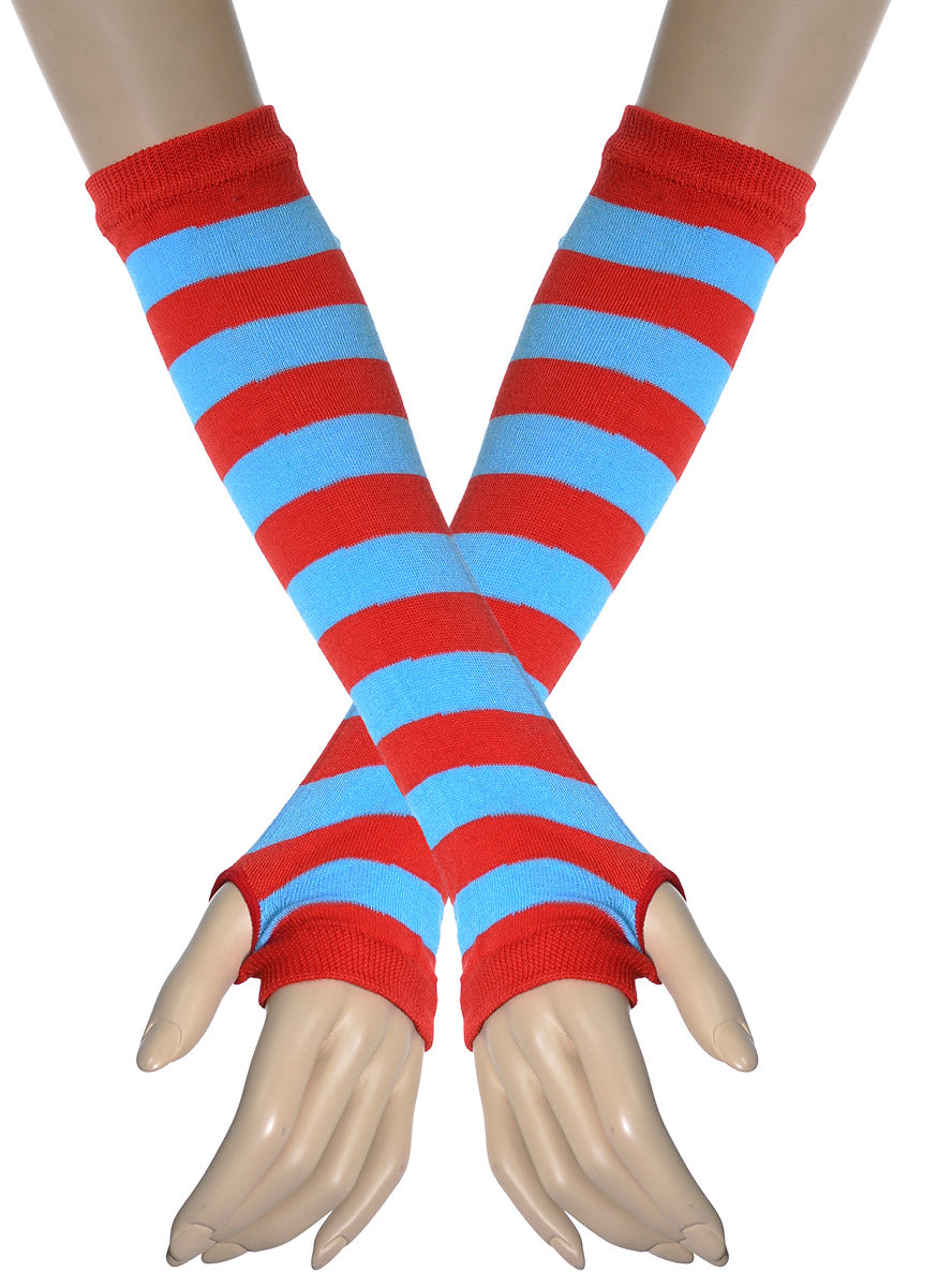 Image of Striped Red And Blue Fingerless Costume Gloves