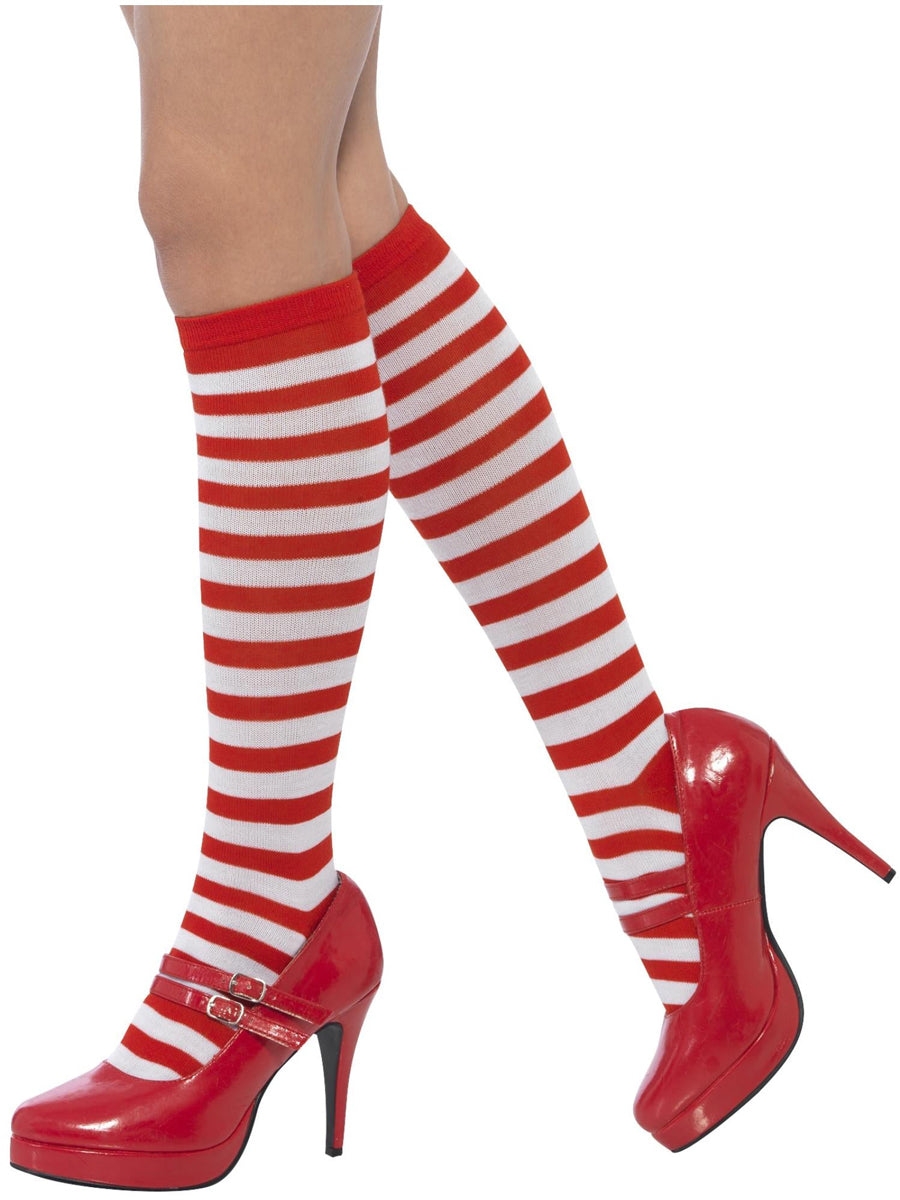 Striped Knee High Red and White Stockings for Adults - Main Image
