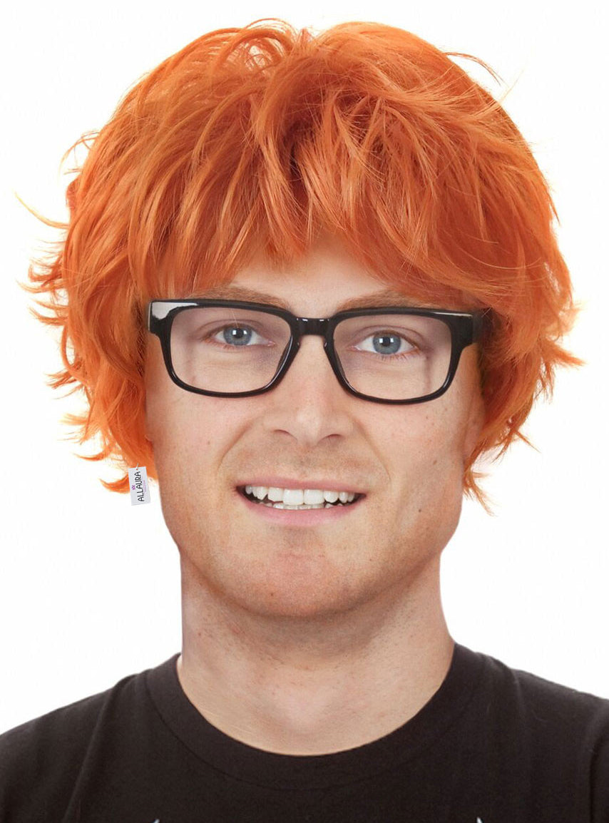 Red Ed Mens Short Orange Costume Wig Glasses And Tattoo Sleeve Set - Close Image