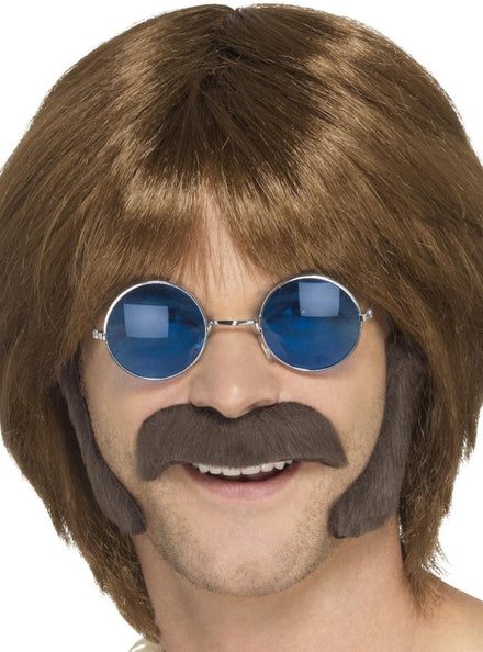 Mens Brown Hippie Costume Wig with Moustache and Side Burns