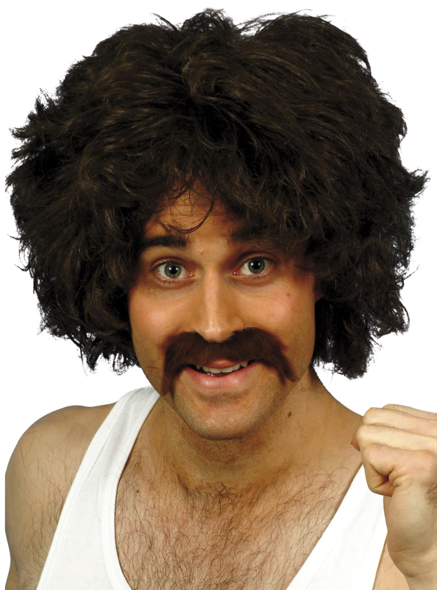 Mens Black Retro Costume Wig and Moustache