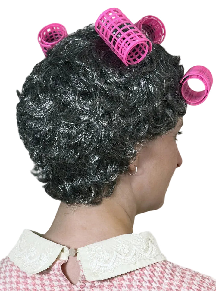 Retro Housewife Old Lady Costume Wig With Curlers - Back Image