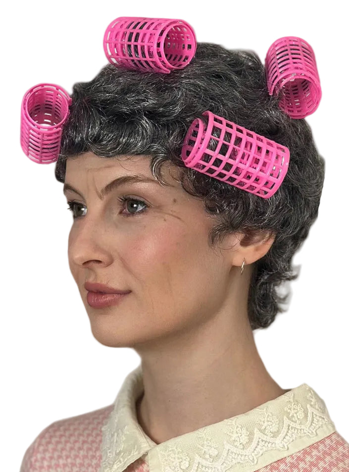Retro Housewife Old Lady Costume Wig With Curlers - Side Image