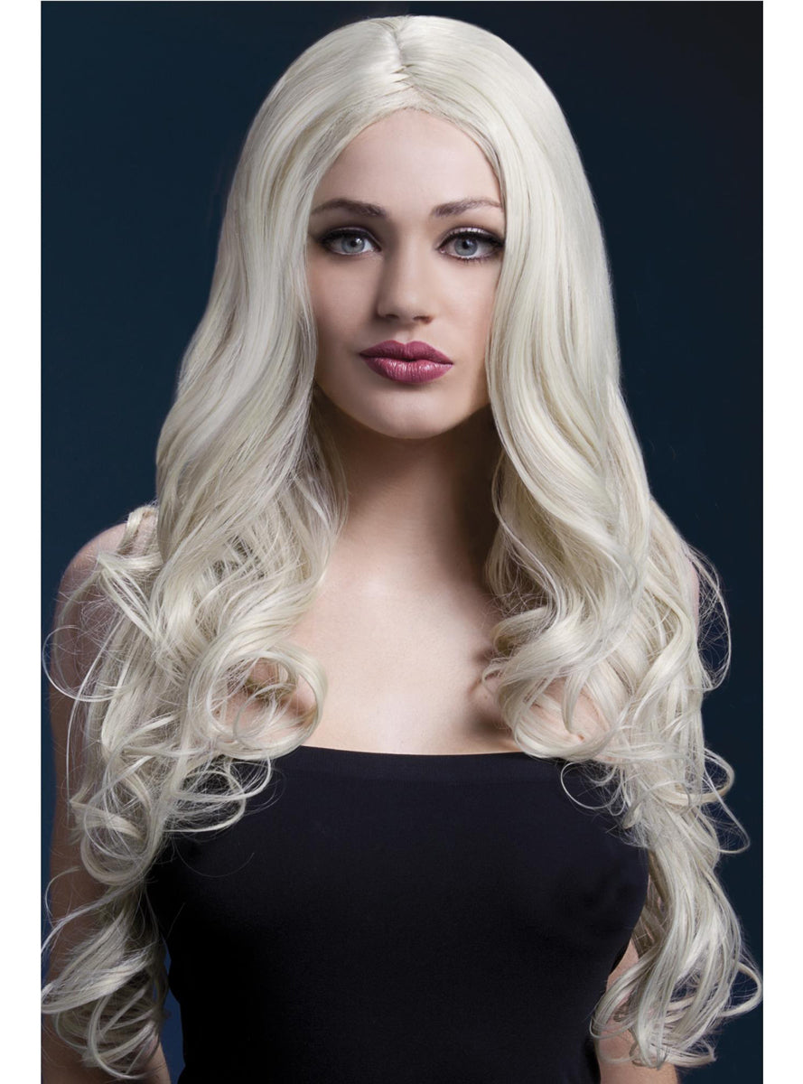 Light Blonde Womens Long Curly Costume Wig With Center Part - Main Image