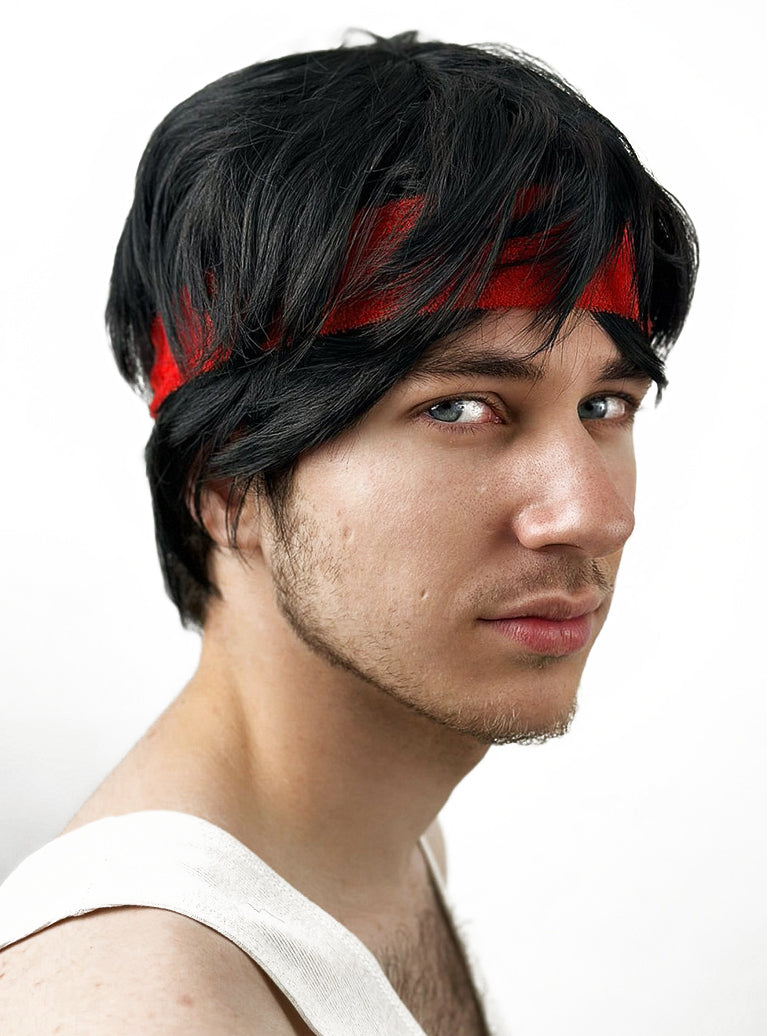 Rocky Boxer Mens Short Black Costume Wig With Red Headband - Side Image 1
