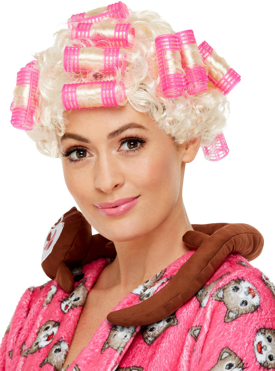 Old Lady Womens Short Blonde Costume Wig With Rollers - Main Image