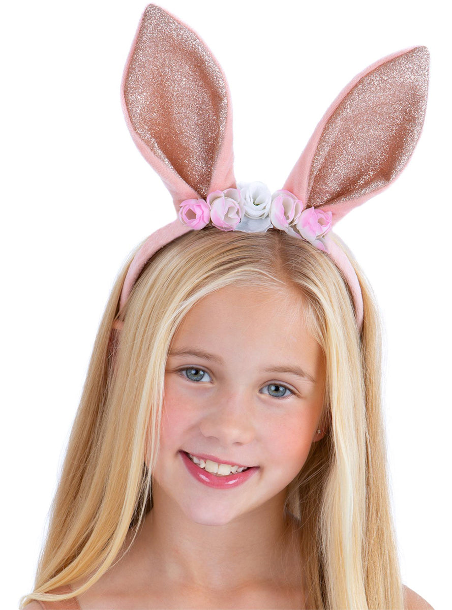 Girls Rose Gold Easter Bunny Costume Headband - Main Image
