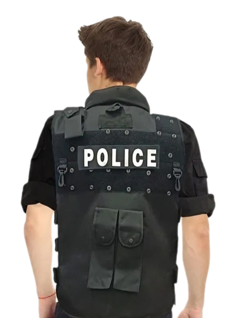 SWAT Police Officer Mens Black Costume Vest - Back Image