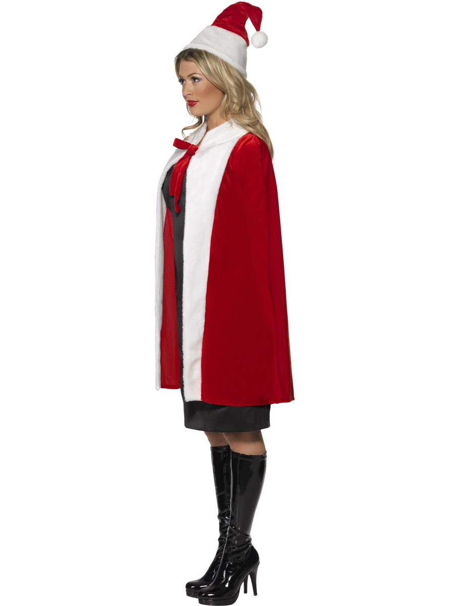 Womens Red Christmas Costume Cape And Hat Set - Side Image