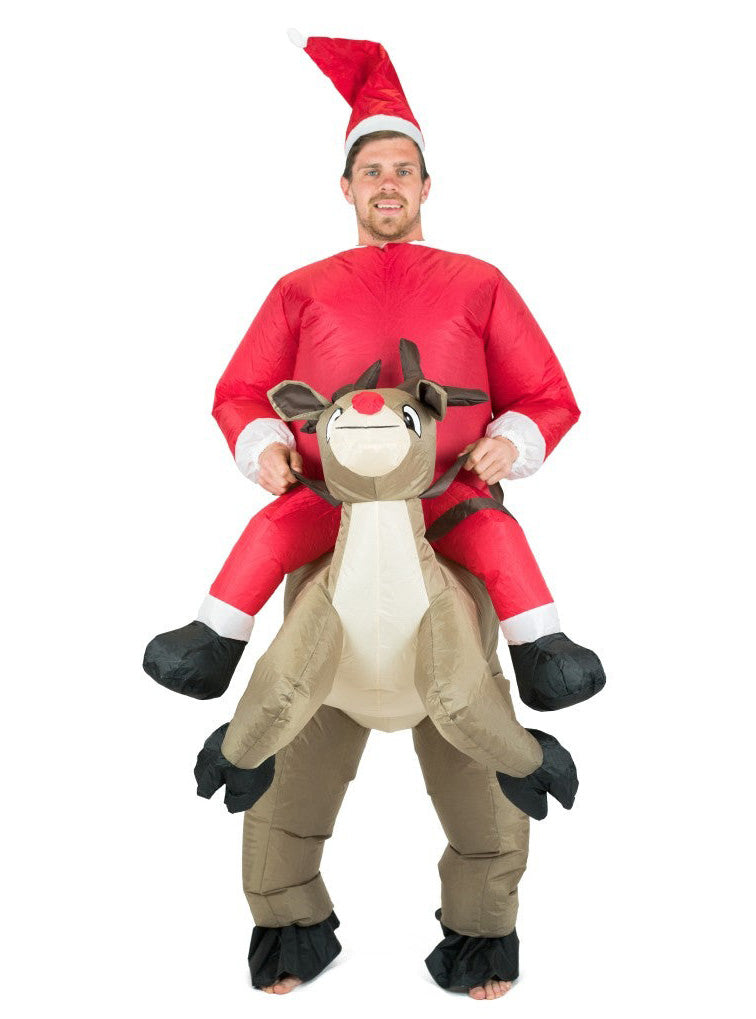 Santa Riding Reindeer Novelty Adults Inflatable Christmas Costume - Front Image