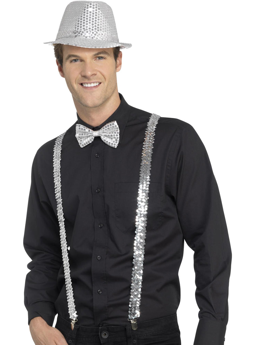 Adults Silver Sequin Costume Suspenders - Alternate Image 1