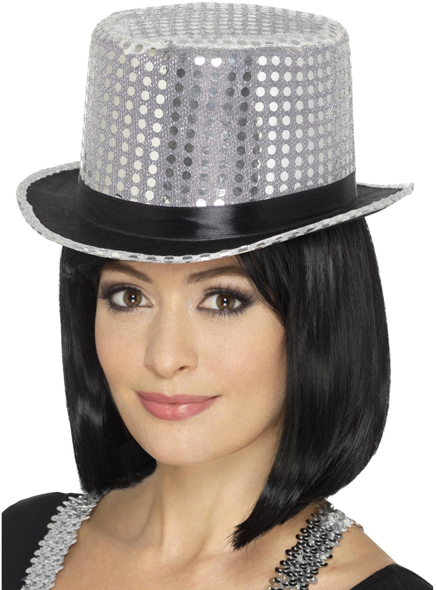 Silver Sequin Adults Top Hat with Black Band - Alternate Image