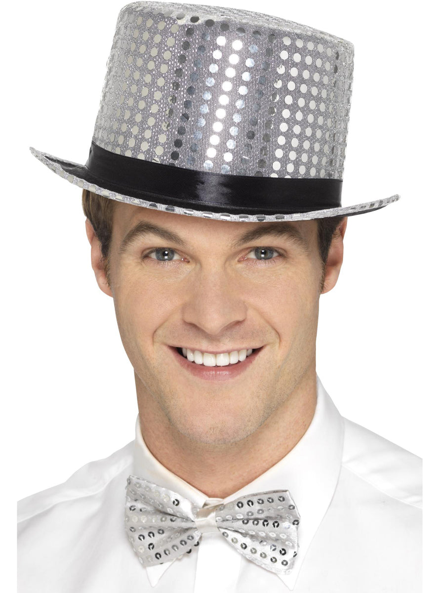 Adults Classic Silver Sequin Top Hat - Main Image