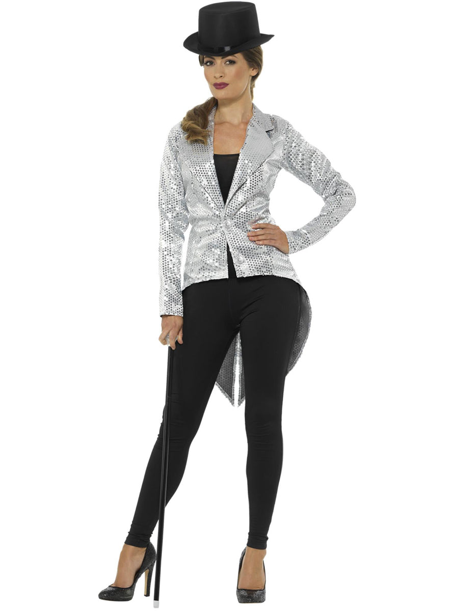 Plus Size Womens Silver Sequin Tail Coat Jacket - Front Image