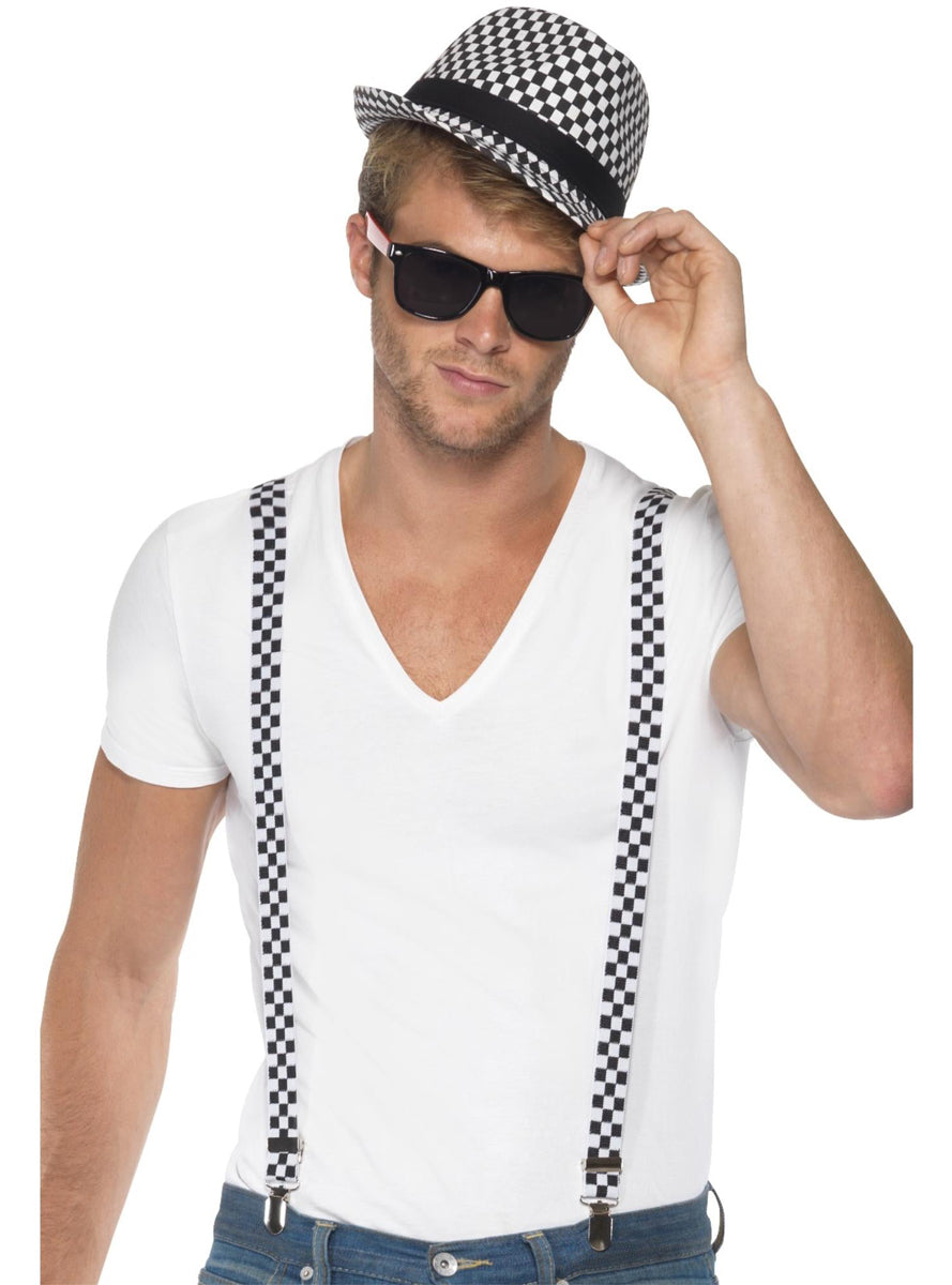 Black and White Ska Hat and Braces Accessory Set - Close Front Image
