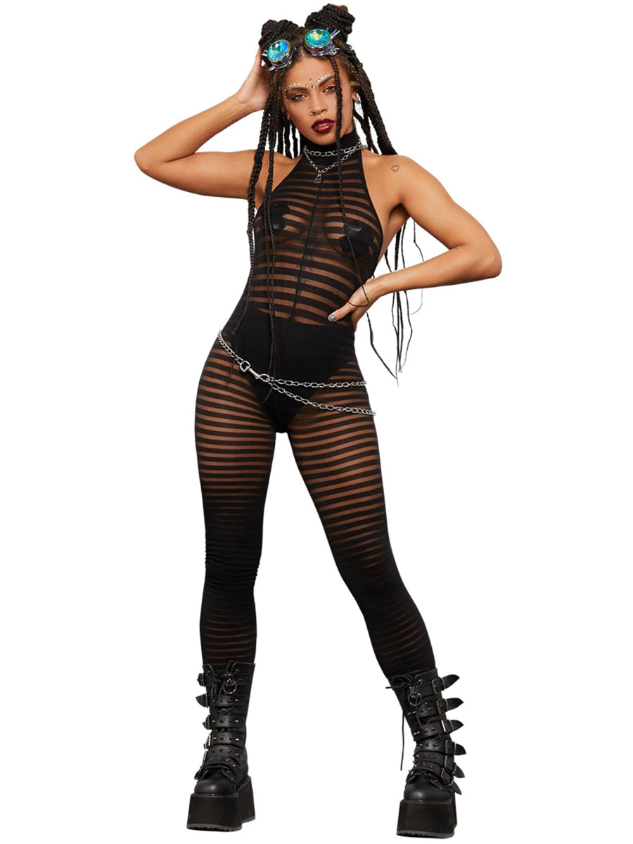 Sleeveless Black Striped Festival Bodystocking - Main Image