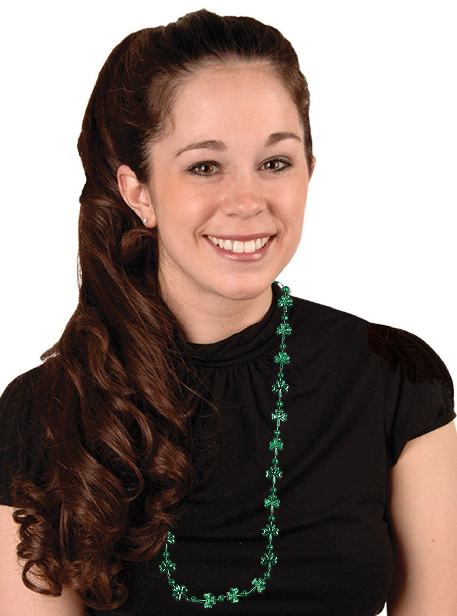 St Patricks Day Green Shamrock Beaded Necklace - Lifestyle Image