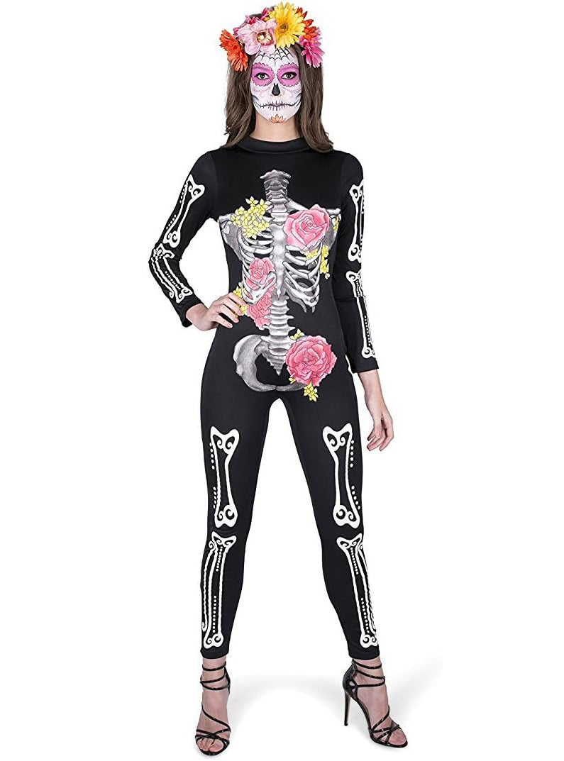 Sugar Skull Print Plus Size Womens Skeleton Halloween Costume - Alternative Image