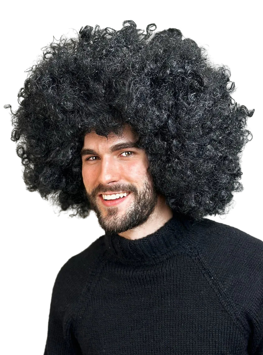 Super Jumbo Adults Black Afro Costume Wig - Mens Side Image