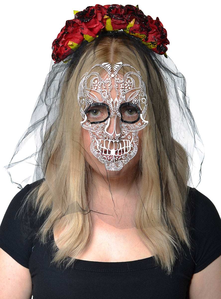 Day of the Dead Rose Headband with Printed Sugar Skull Veil - Main Image