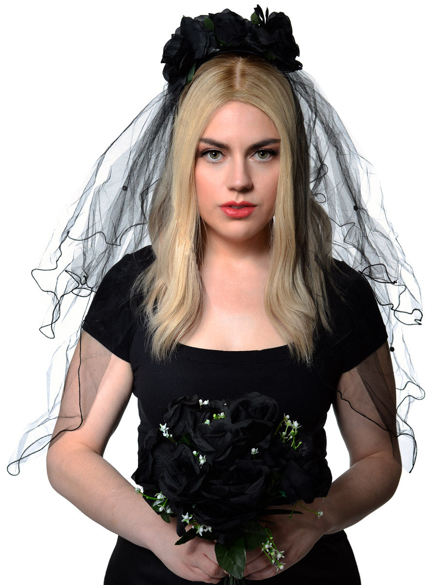 Gothic Black Rose Halloween Veil on Headband - Main Image