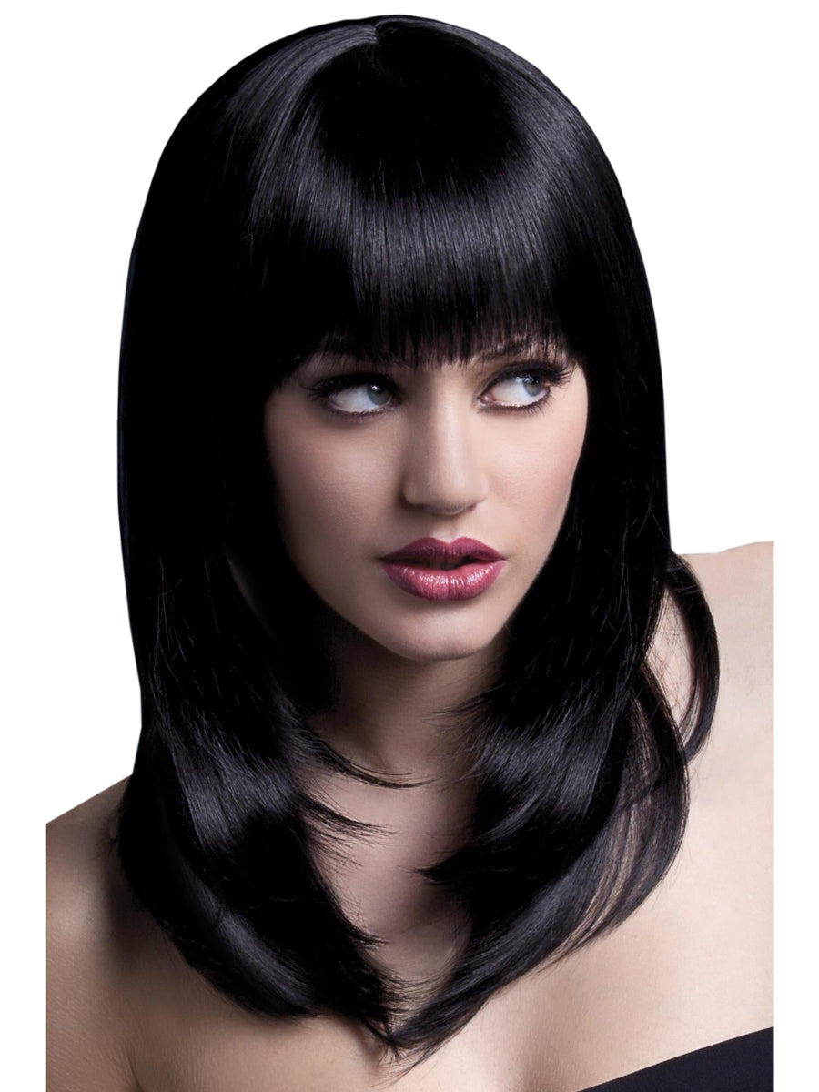 Shoulder Length Womens Layered Black Fashion Wig With Fringe - Main Image
