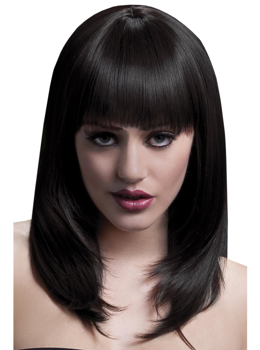 Shoulder Length Womens Dark Brown Layered Deluxe Fashion Wig With Fringe - Main Image