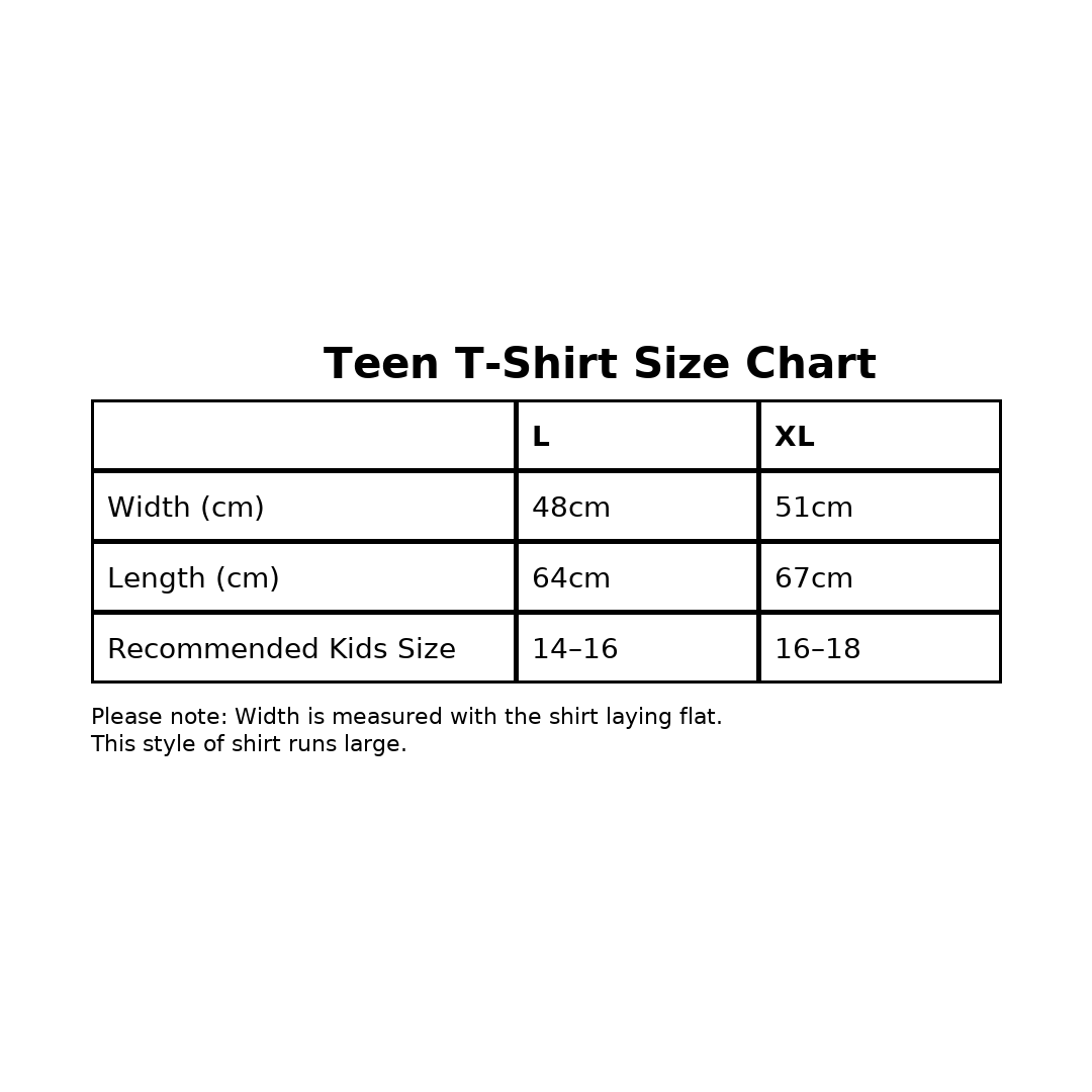Teens T-Shirts Size Chart with Measurements