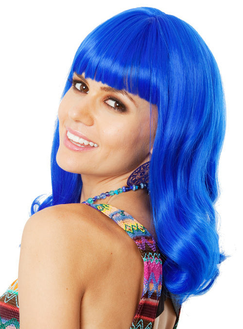 Teenage Dream Womens Blue Wavy Costume Wig With Fringe - Back Image