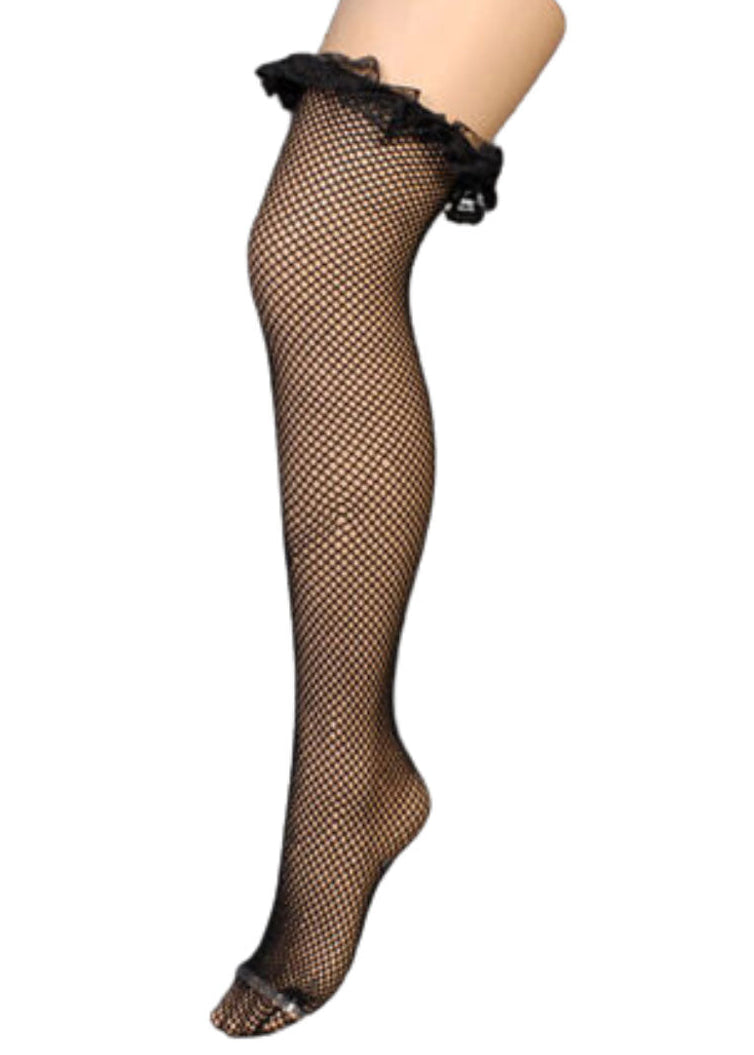 Womens Black Fishnet Thigh High Stockings With Ruffled Lace Top