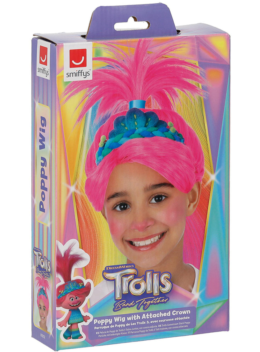 Girls Pink Trolls Poppy Costume Wig With Ponytail - Packaging Image