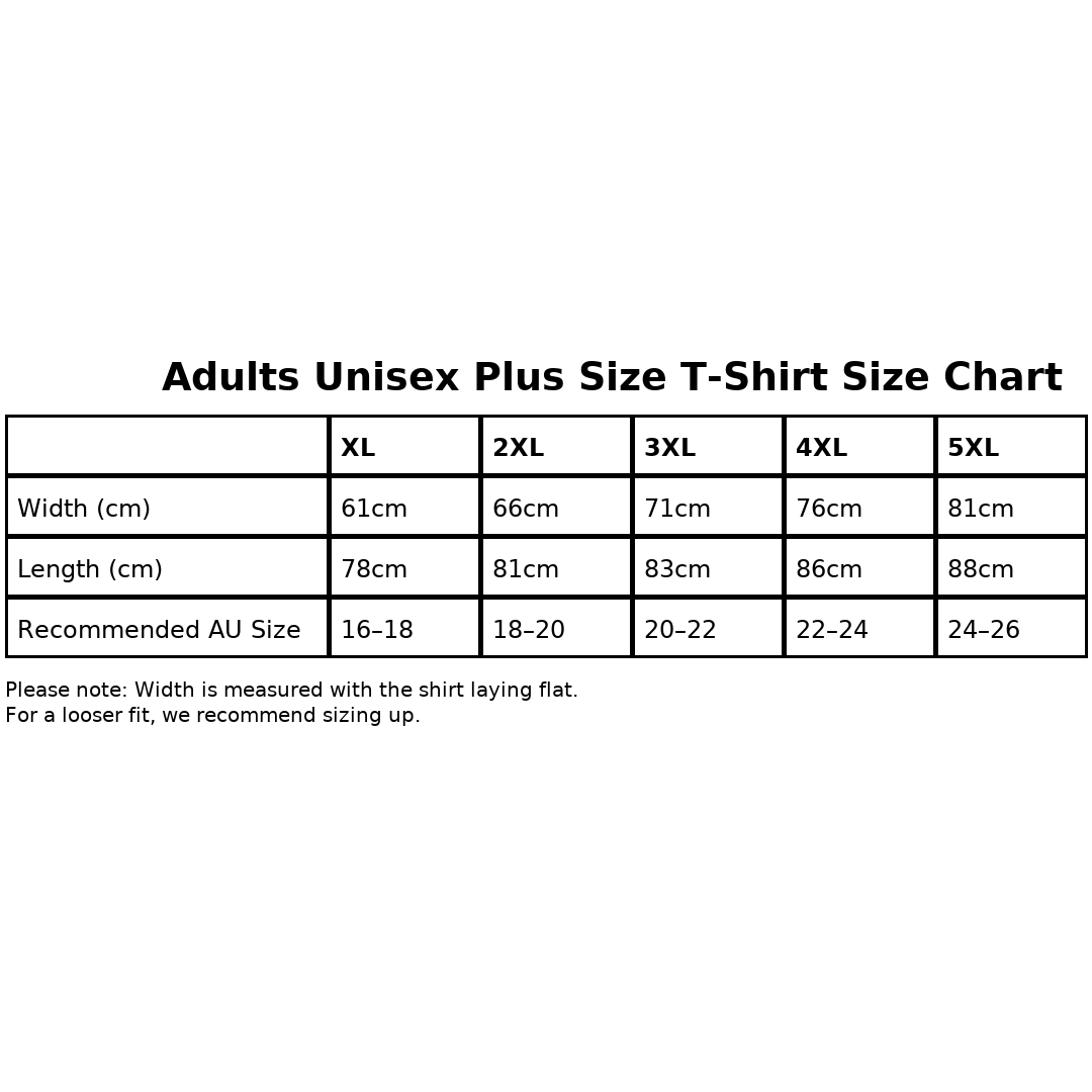 Plus Size T-Shirts Size Chart up to 5XL