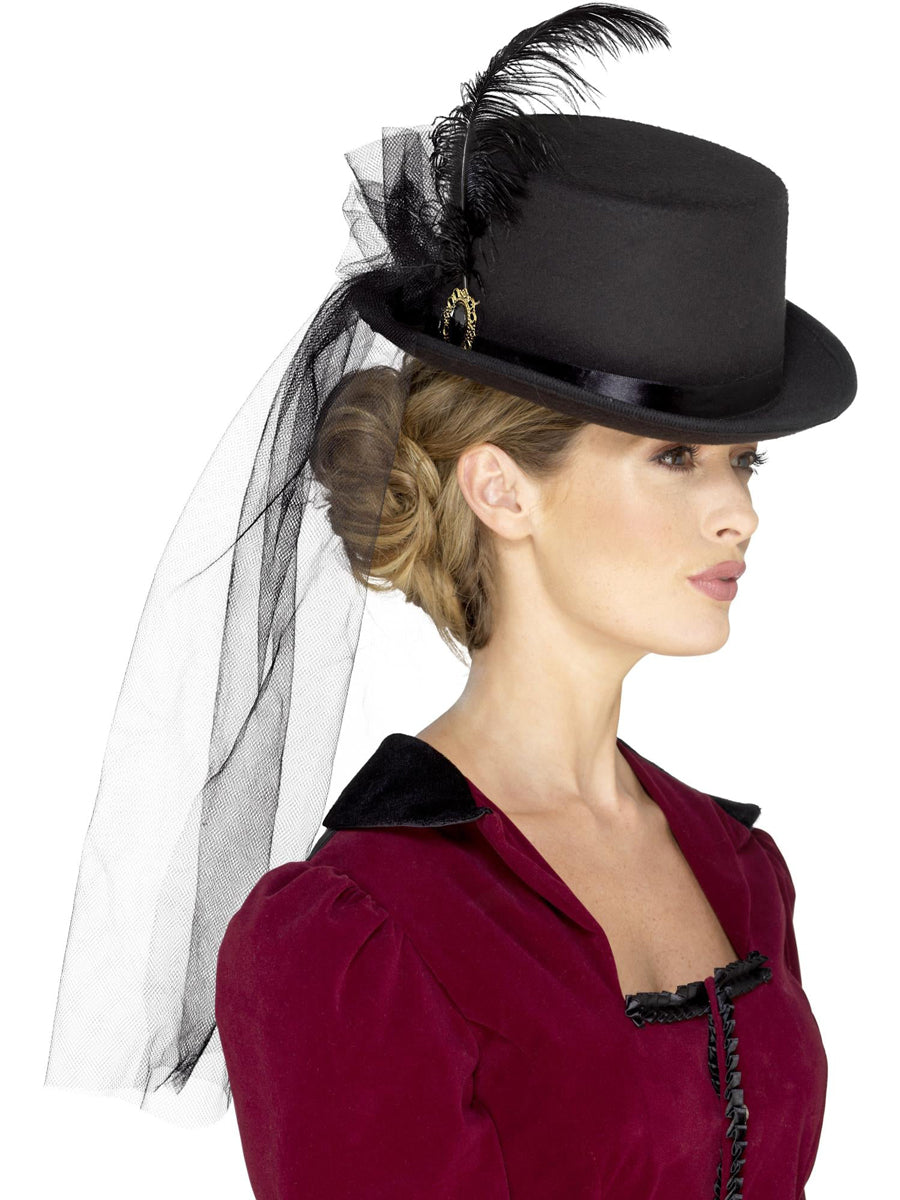 Black Veil Womens Victorian Lady Top Hat - Main Image
