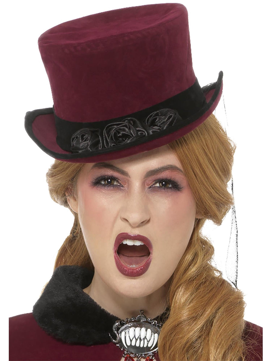 Victorian Burgundy Veiled Vampire Top Hat - Main Image
