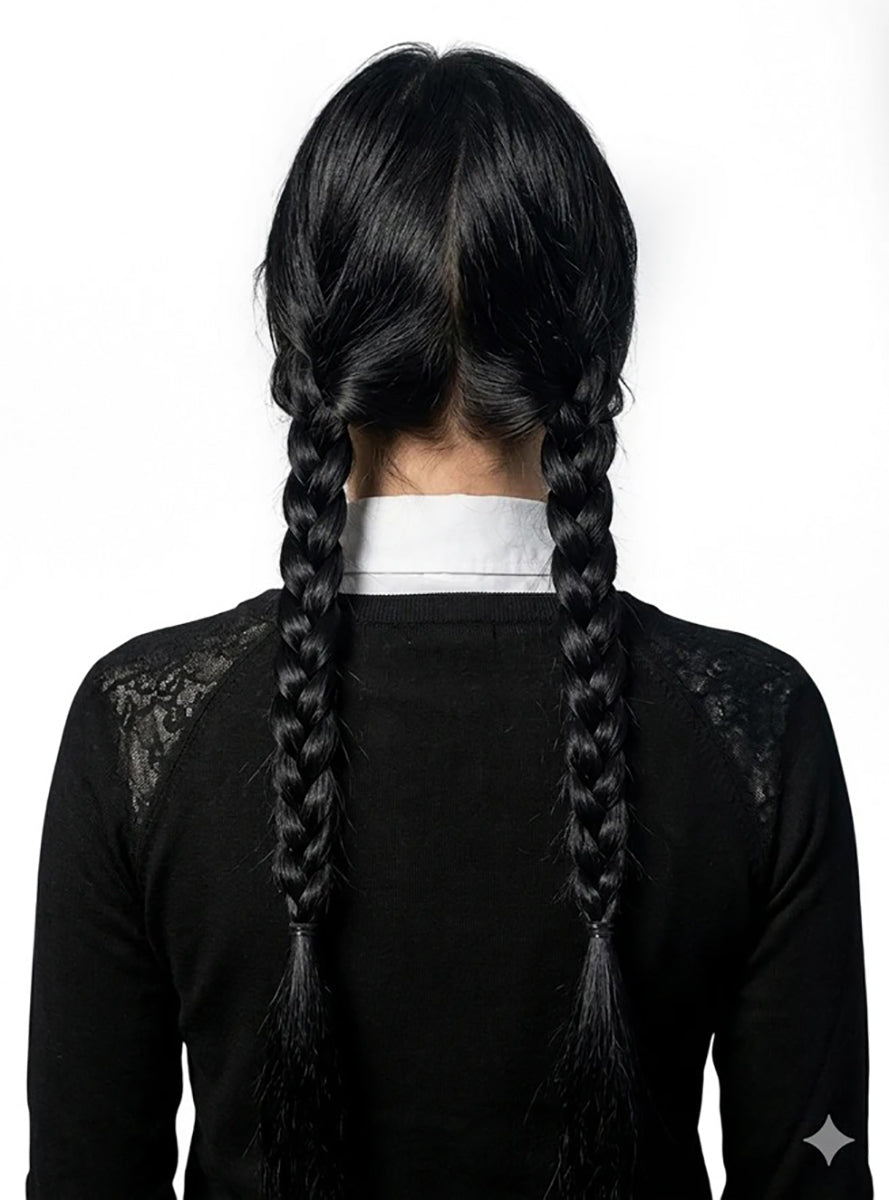 Gothic Schoolgirl Womens Black Plaits Wig with Fringe