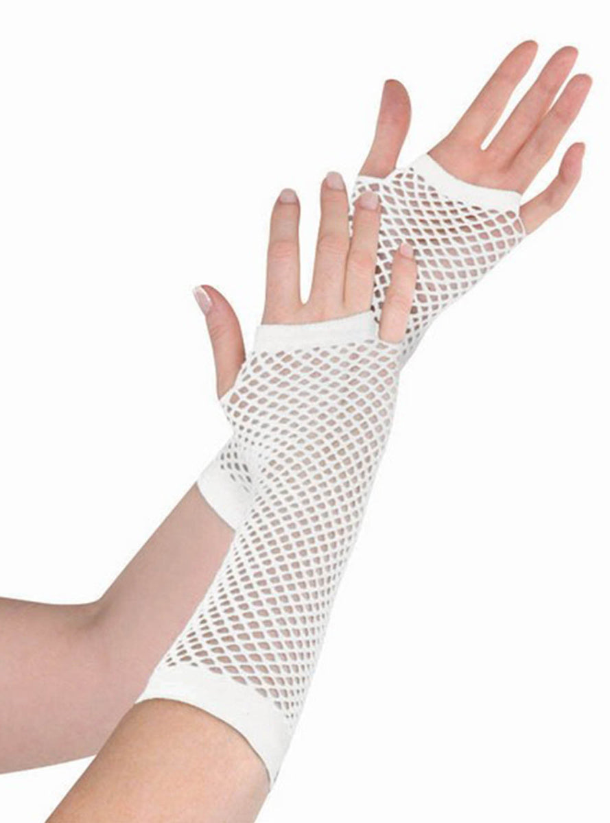 White Elbow Length Fingerless Fishnet Gloves