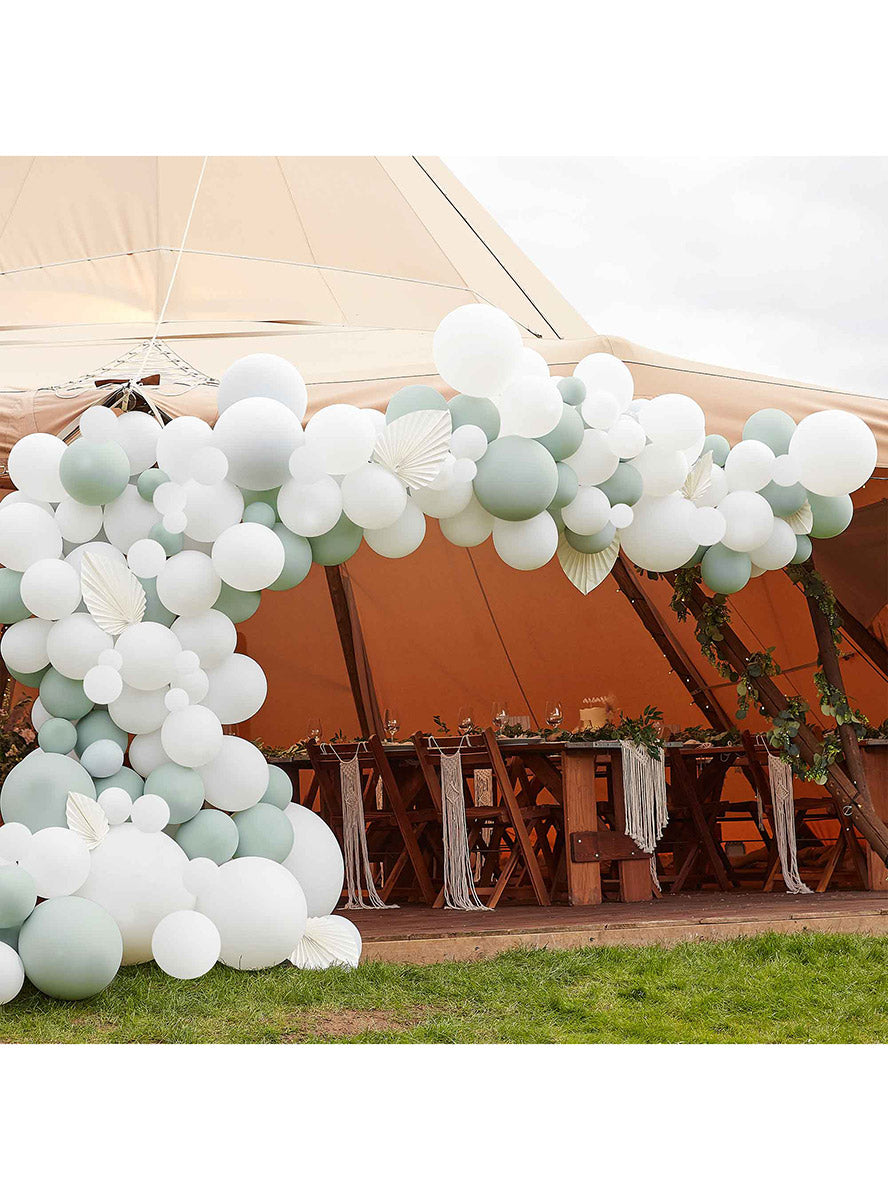 Balloon Arch Kit in Sage and White with Fans - Lifestyle Image