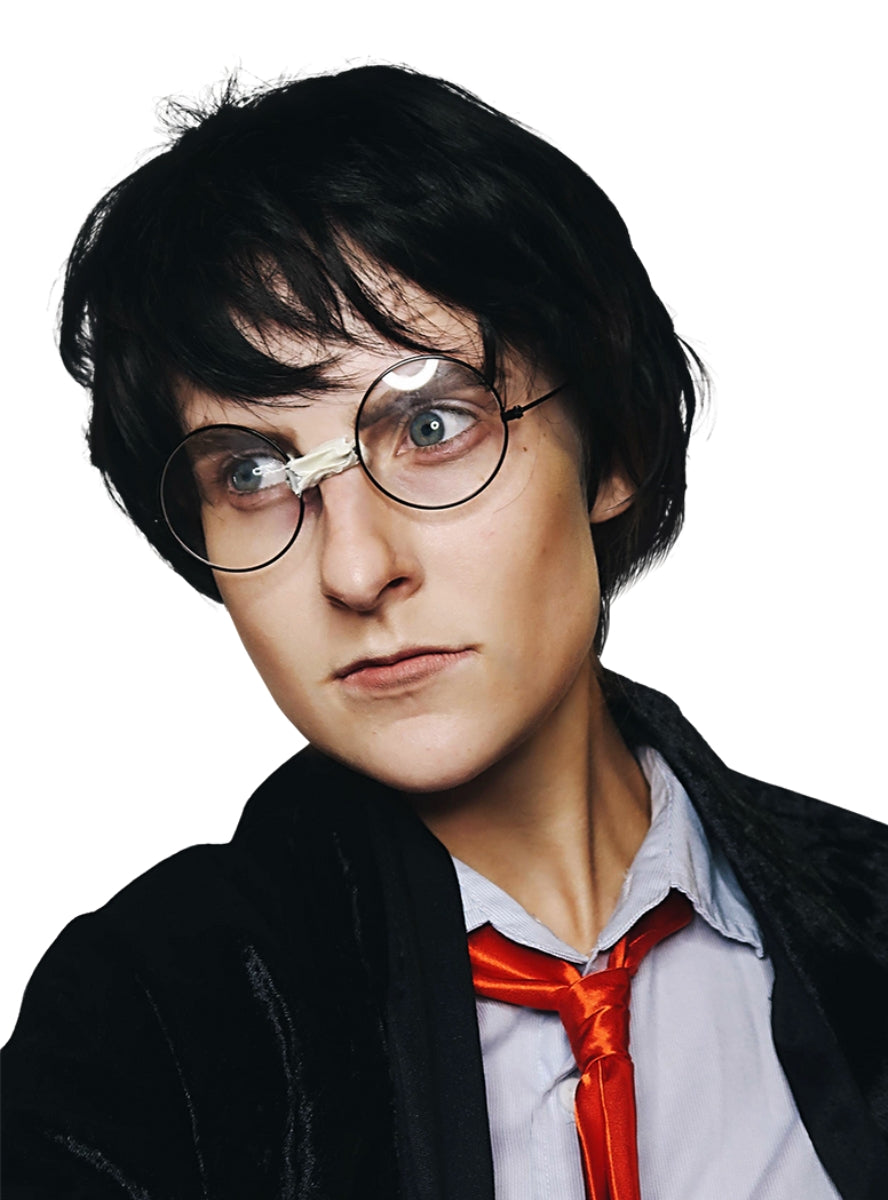 Wizard School Adults Short Black Costume Wig And Glasses Set - Alternative Image