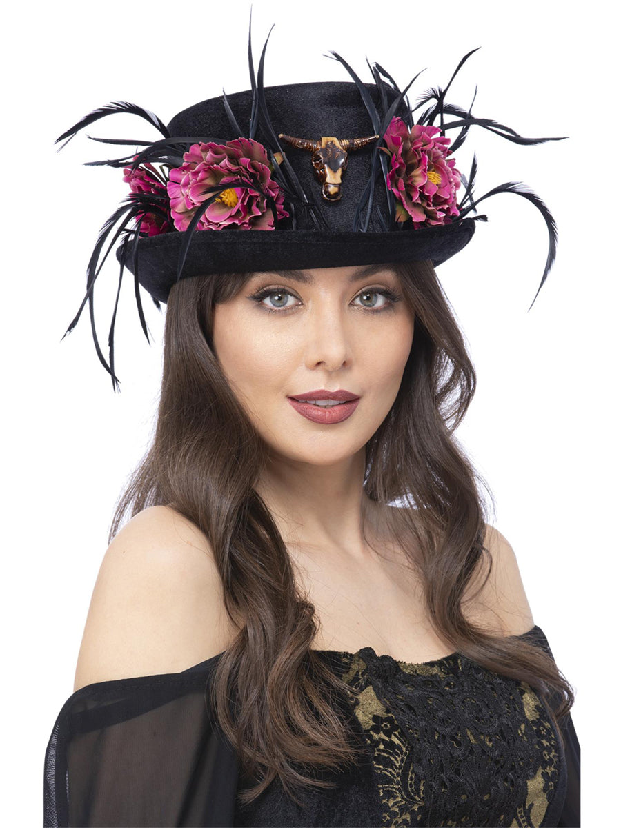 Womens Black Floral Ram Skull Top Hat - Main Image
