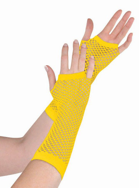 Yellow Elbow Length Fingerless Fishnet Gloves