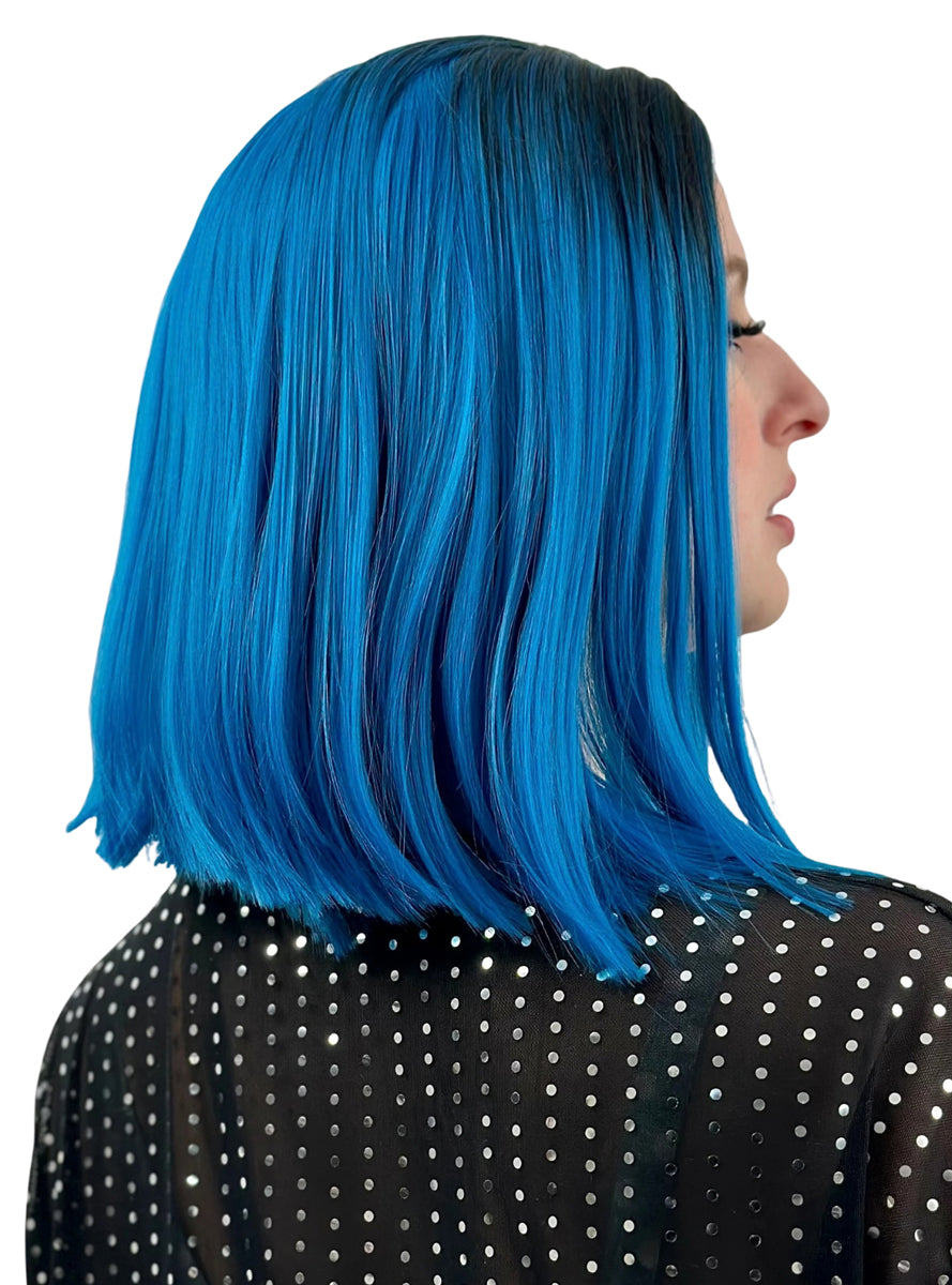 Zoe Blue Long Bob Wig with Dark Roots