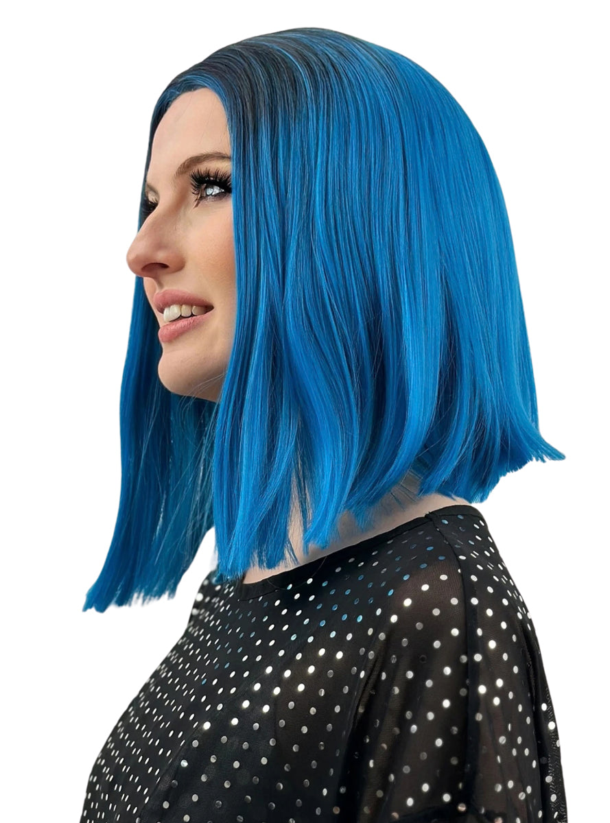 Zoe Blue Long Bob Wig with Dark Roots