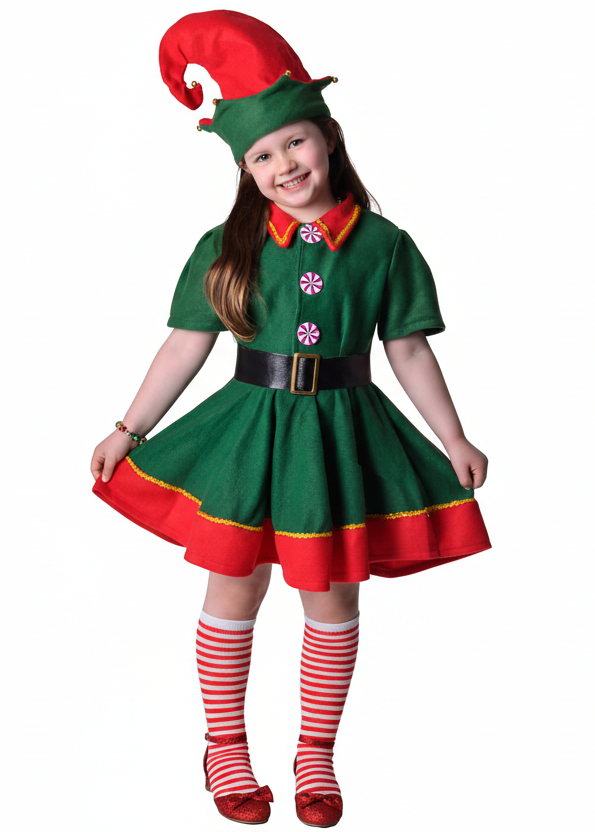 Festive Green Christmas Elf Girl's Dress Up Costume - Main Image