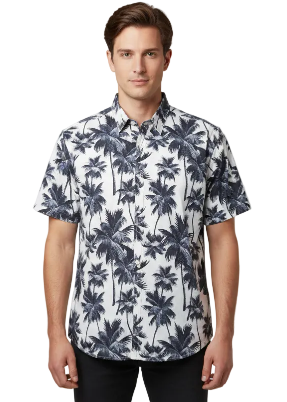 Image of Palm Tree Print Men's Black and White Hawaiian Shirt - main image
