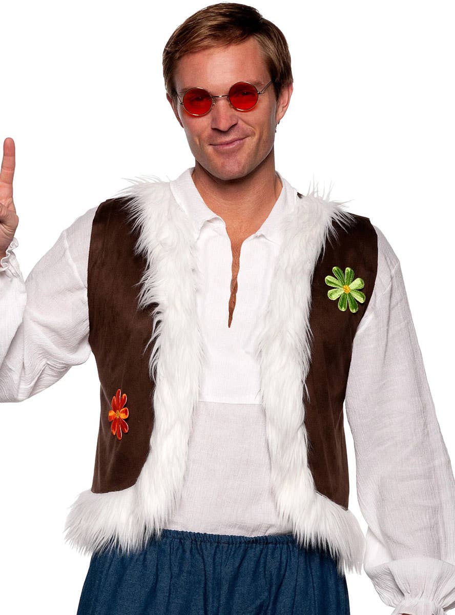Mens Woodstock 1970s Hippie Costume Vest with Fur