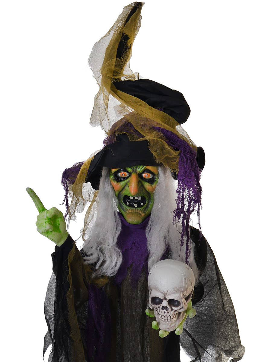 Image Of Halloween Decoration Animated Hanging Life Size Evil Witch with Skull Halloween Decoration - Close Up Image