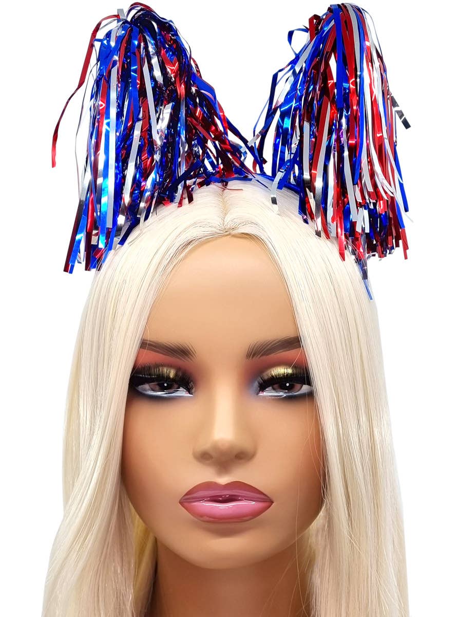 Image of Aussie Blue Silver and Red Tinsel Head Bopper Headband - Alternate Image