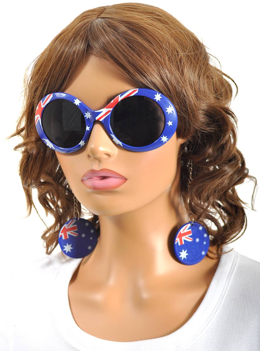 Australian Flag Frame Glasses with Chains with Aussie Flag Earring Like Discs - Alternative Image