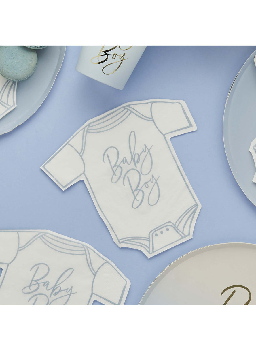 Baby Shower 16 Pack Blue Onesie Shaped Napkins — Lifestyle Image